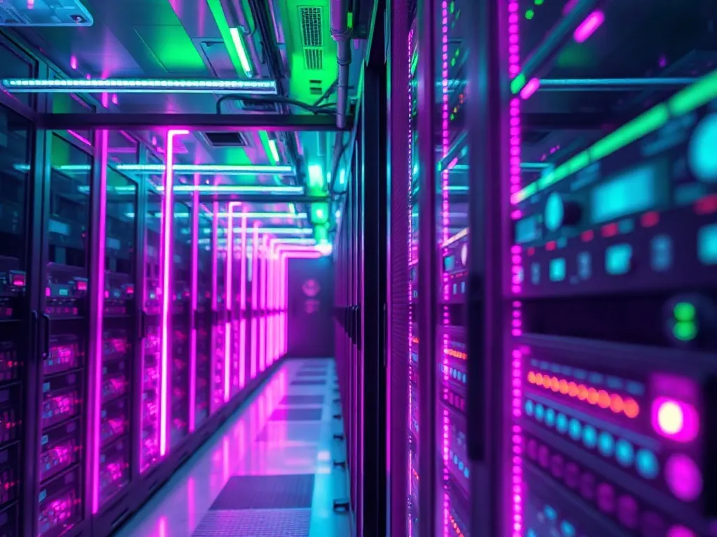 A high-tech server room with purple and green neon lights, f