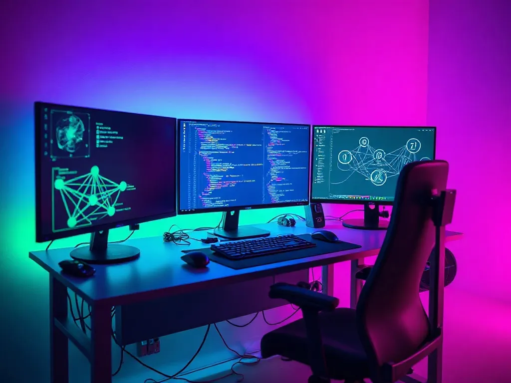 High-tech minimalist student desk with multiple monitors sho